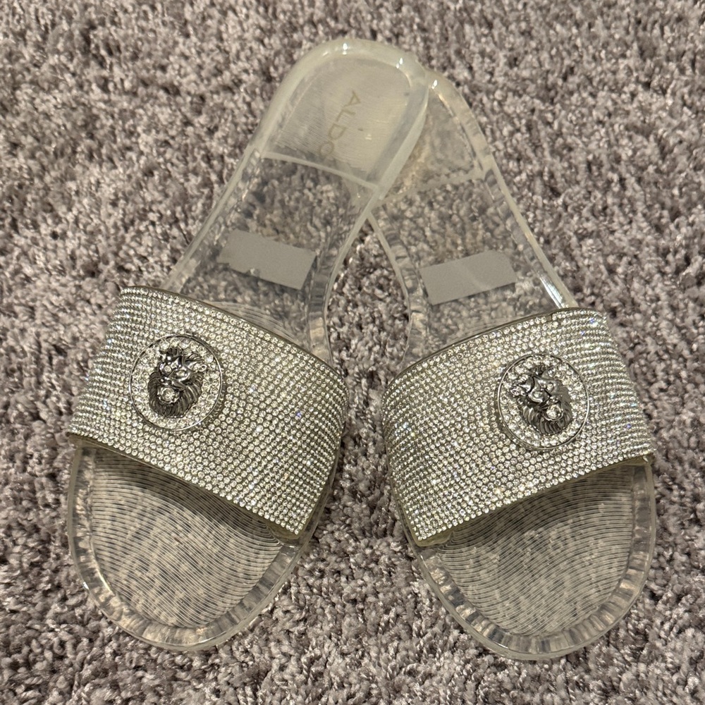 ALDO Silver Medallion Crystal Rhinestone Jelly Slide Sandals